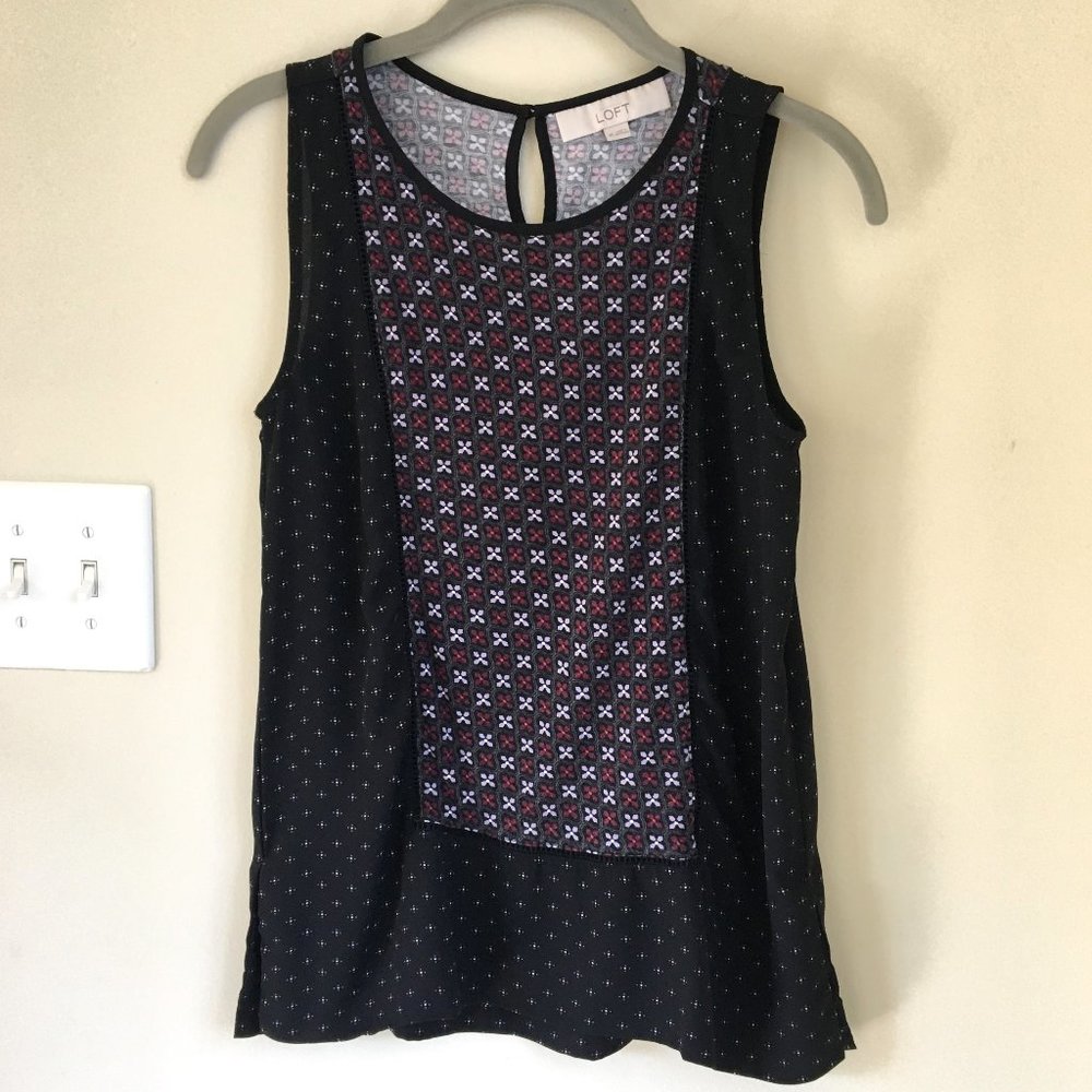 LOFT Tile Printed Panel Mixed Fabric Tank, Black/White/Burgundy, Size XS